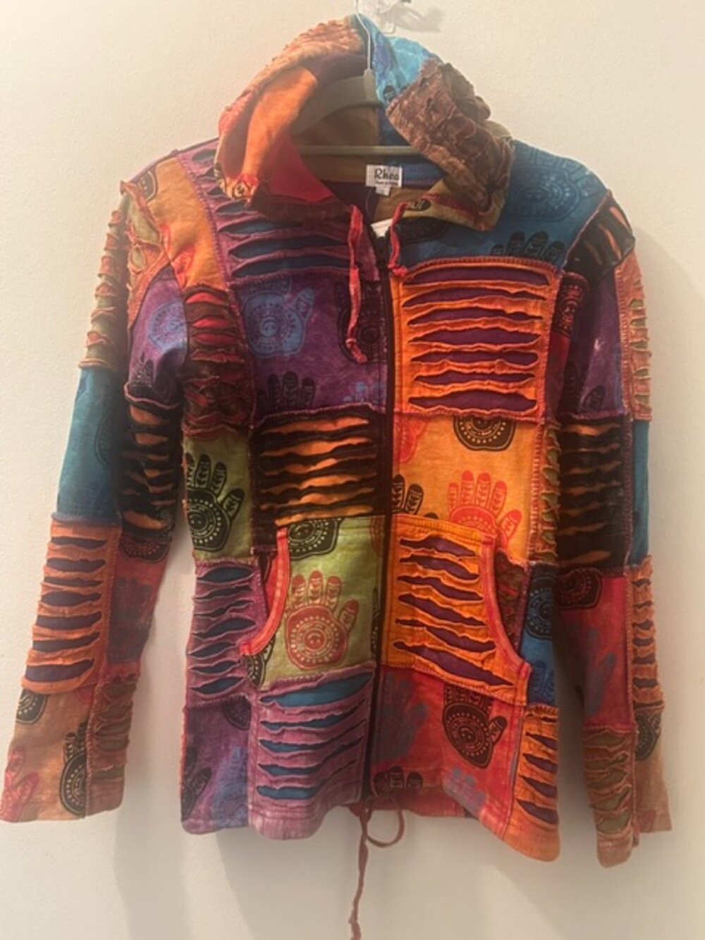 Rhea Nepal Multi Colored Patchwork Handcrafted Cotton Pixie Hippie Hoodie NWT